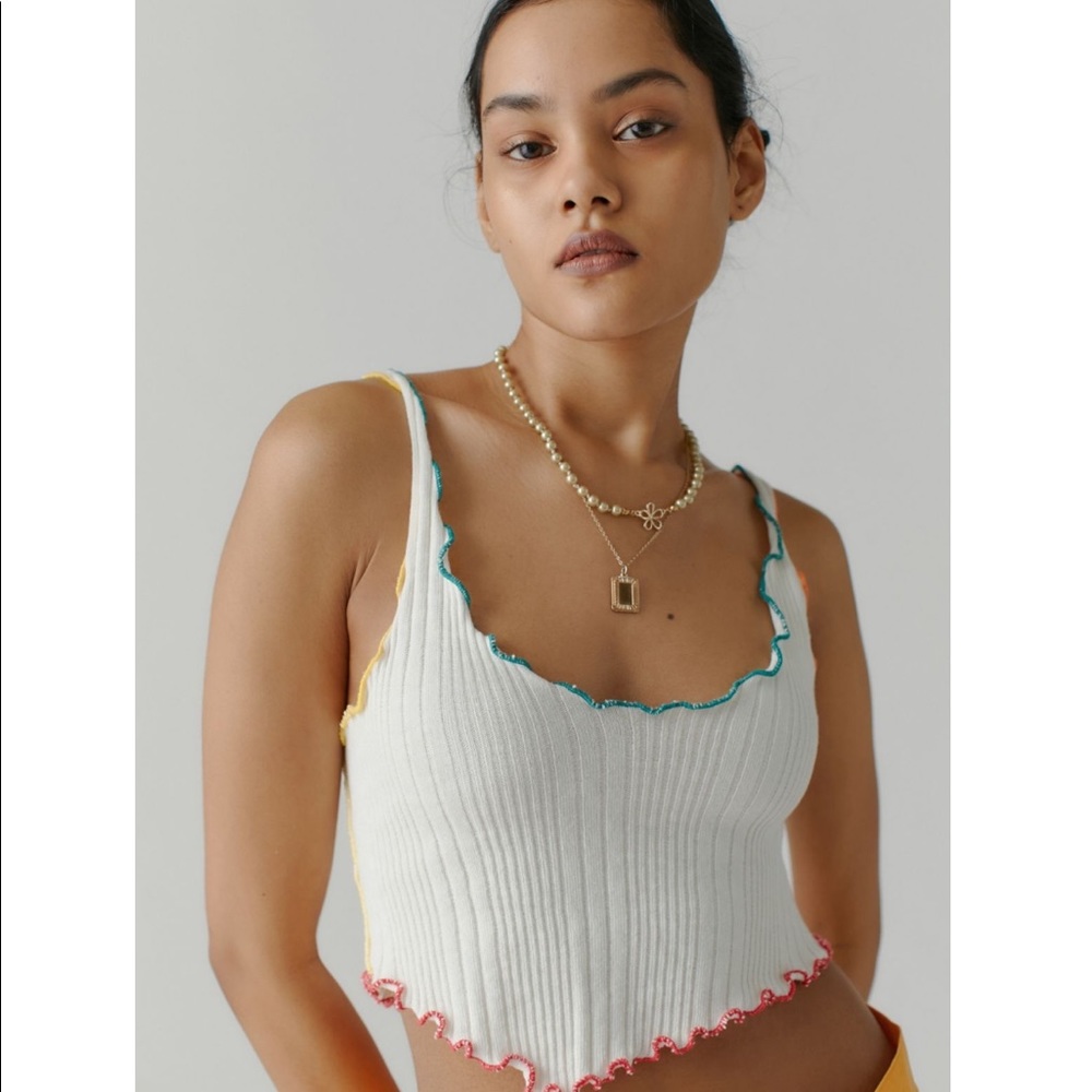Urban Outfitters BDG White Carmen Asymmetrical Rainbow Trim Crop Tank Top